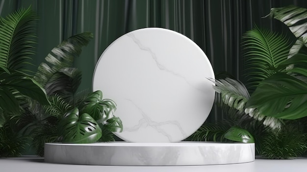 Abstract bright color springtime minimal round podium for product display with plant and green leaves on natural background