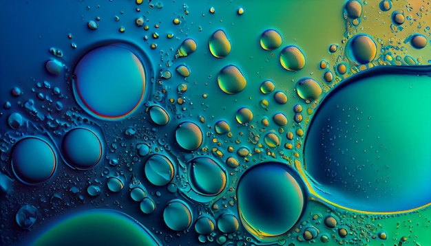 Abstract bright colorful background with drops of oil and water in blue and turquoise tones macro Generate Ai
