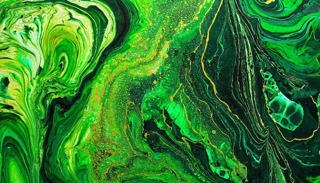 Абстрактный ярко-зеленый фон рисунка Искусство с жидкой жидкой грундж текстурой Акриловые окрашенные волны