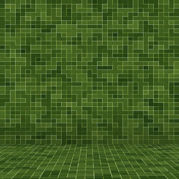 Abstract bright green square pixel tile mosaic wall background and texture.