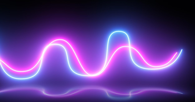 Abstract bright neon purple and blue energy light disco lines with reflections abstract background