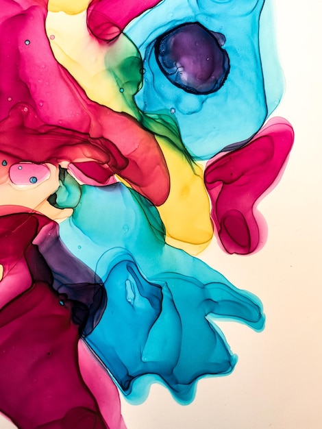 背景デザインのための抽象的な明るい光沢のある色流体背景手描きアルコール絵画液体インク技術テクスチャ