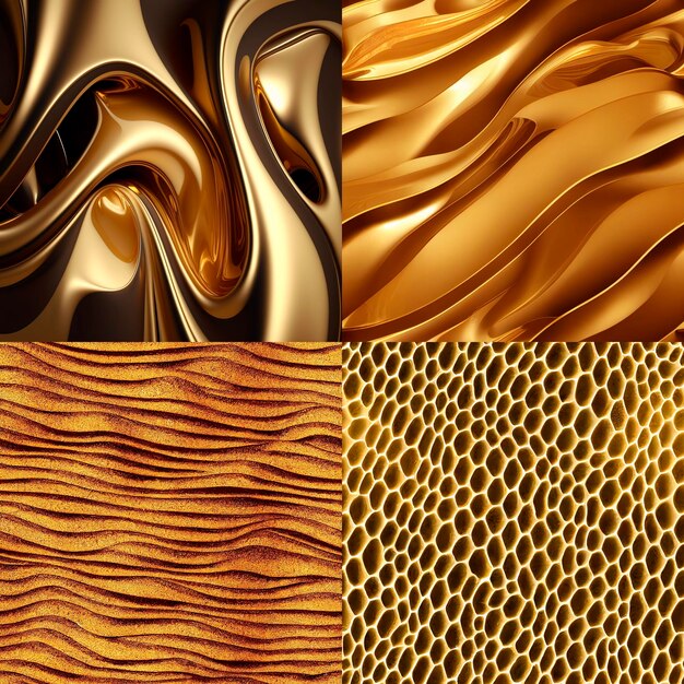 абстрактные яркие блестящие золотые образцы металлической фольги фон набор различных бесшовных текстур Создано с помощью Generative AI