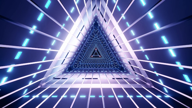 Abstract bright triangle tunnel illuminated with glowing blue lamps