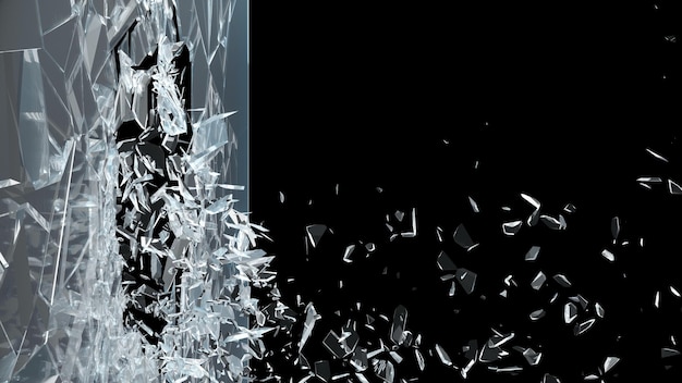 Фото Абстрактное разбитое стекло на куски. стеклянная стена разлетается на мелкие осколки. место для вашего баннера, рекламы. взрыв вызвал разрушение стекла. 3д иллюстрация