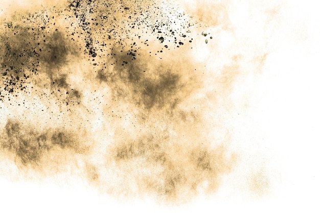 Abstract brown dust explosion on white background.