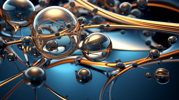 Foto bolle astratte nell'onda d'acqua di gocce lucide liquide con combinazione di colori blu scuro e oro morbido
