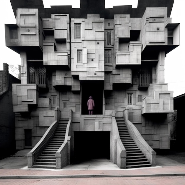 Abstract building with a person standing in front of it