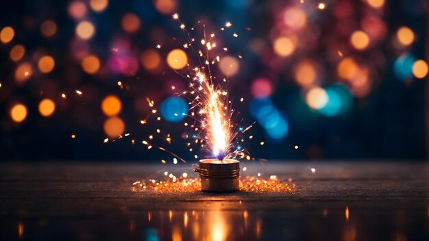 Photo abstract burning sparkler with blurred bokeh lights background