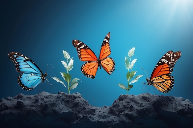 Abstract Business digital transformation innovative of butterfly life cycle evolution blue background