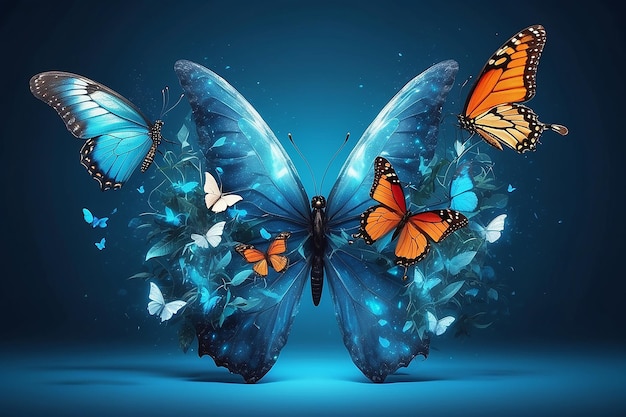 Абстрактная бизнес-цифровая трансформация инновационная эволюция жизненного цикла бабочек синий фон