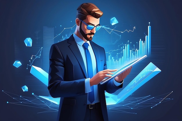 Abstract businessman is holding tablet with stock market candlestick hologram