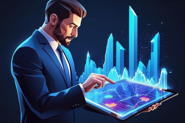 Abstract businessman is holding tablet with stock market candlestick hologram