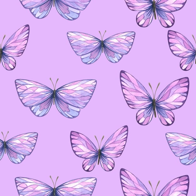 Le farfalle astratte sono rosa e viola illustrazione ad acquerello motivo senza cuciture da un grande set di lavanda spa per tessuti, tessuti, carta da parati, imballaggi di carta, souvenir, accessori di abbigliamento