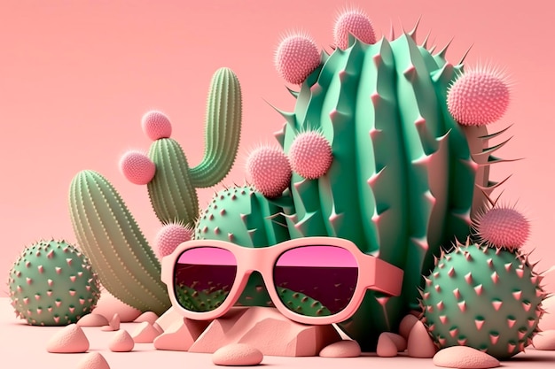 抽象的なカクタス 熱帯の背景 ピンクと緑のパステル色
