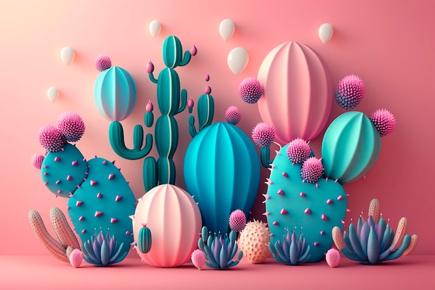 Abstract cactus tropical background Pink and green pastel colors