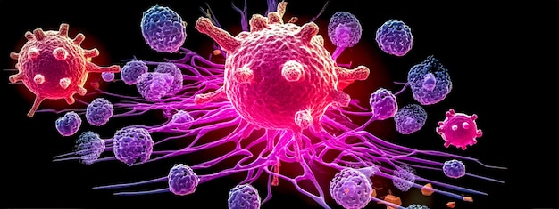 Фото Абстрактная раковая клетка в биологической ткани под микроскопом, сделанная с помощью генеративного ии