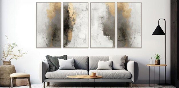 abstract canvas art with gray and gold mounted behind a glass wall in the style of grungy texture