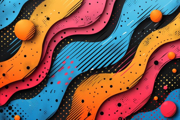 An abstract cartoon background or a playground banner design element in trendy Memphis animation 80s90s style with colorful spots