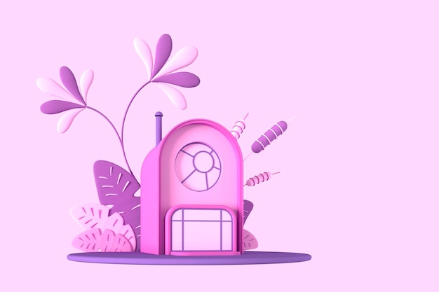 Photo abstract cartoon fairy-tale tiny cozy house in pastel colors on a background of fantastic stylized plants, trees and herbs. 3d illustration