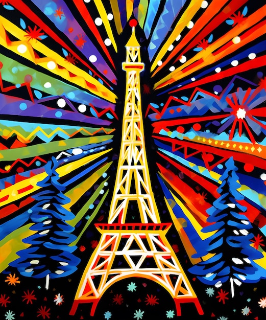 Abstract cartoon style christmas eiffel tower bright and colorful background