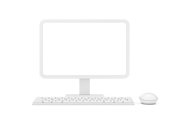 Photo abstract cartoon white desktop computer with mouse, keyboard and blank screen for your design in clay style on a white background. 3d rendering