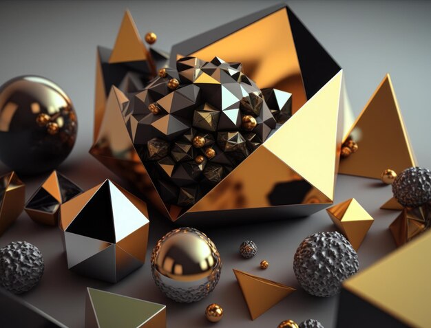 Abstract chaotic geometric background Glossy pyramids and spheres background created with Generative AI technology