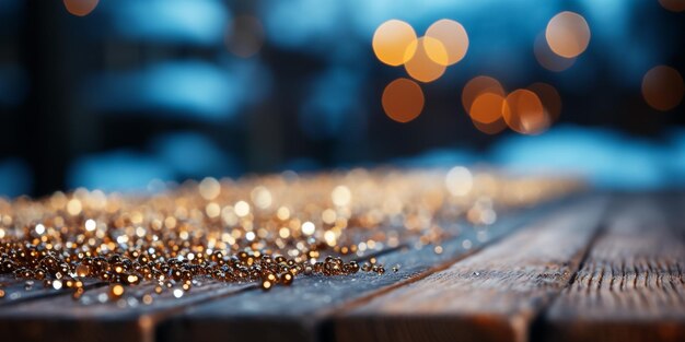 Abstract christmas background snowy wooden table with defocused lights