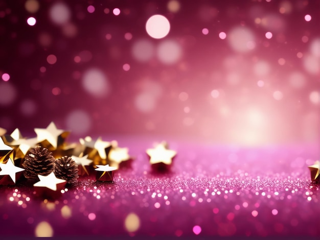 Abstract Christmas banner background Small gold shining glitter stars on magenta pink background wi