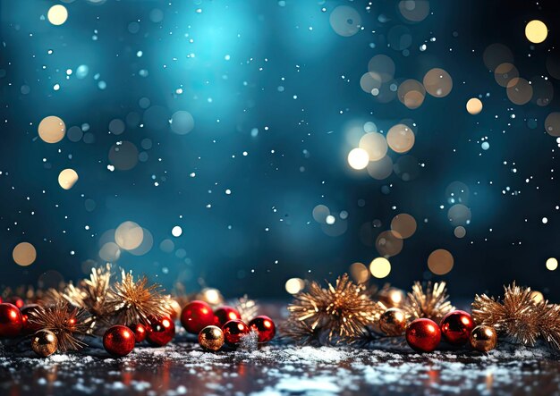 추상적인 크리스마스 파란색 배경과 크리스마스 공, 눈, 황금색 보케, 텍스트의 복사 공간
