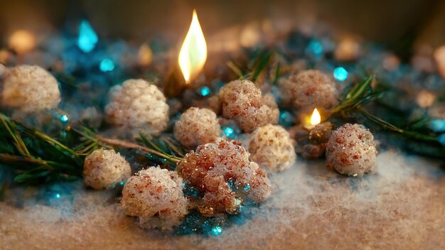 Abstract Christmas decorations from natural materials in mystical atmospheric festive evening interior