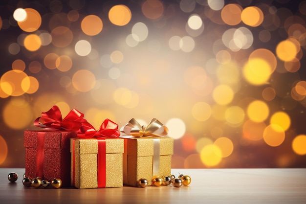 抽象的なクリスマス・グリッター・ボケ・ライト プレゼントボックス・リボンとゴールデン・ボールの背景