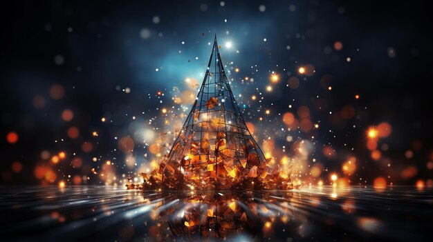 Photo abstract christmas tree in neon light painting style on a dark background with bokeh elements