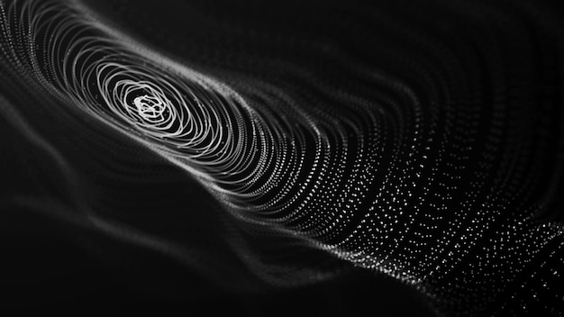 ドットが動く抽象的な円の青い波粒子の流れサイバーテクノロジーイラスト3Dレンダリング