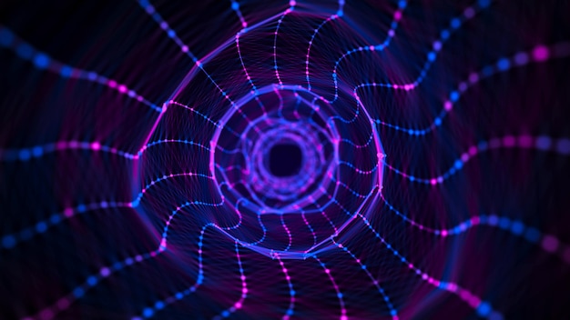 Abstract circle speed tunnel with blue light on black background Science background with dots and lines moving in a spiral Wormhole technology Digital structure with particles 3d rendering