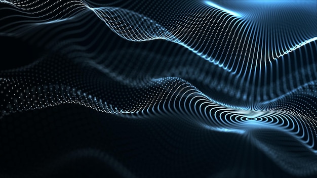 Abstract circle wave with moving dots Flow of particles Cyber technology illustration 3d rendering