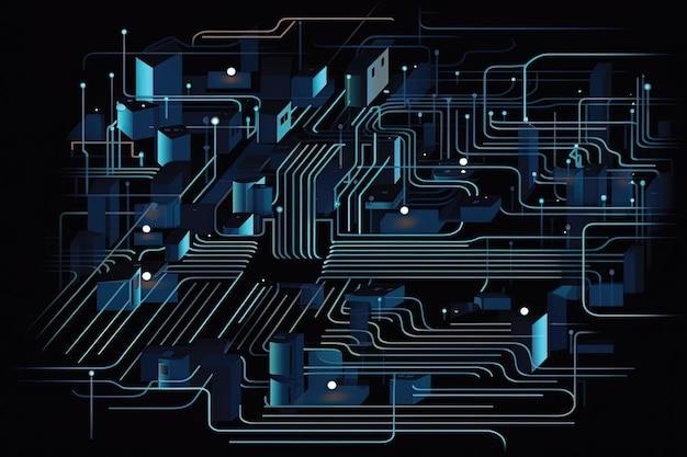 暗い空のスタイルで抽象的な回路基板のコンセプト アートワーク