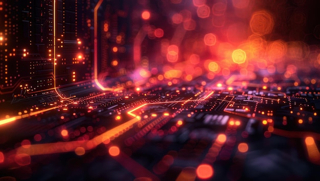 abstract circuitry with red and orange glowing lights
