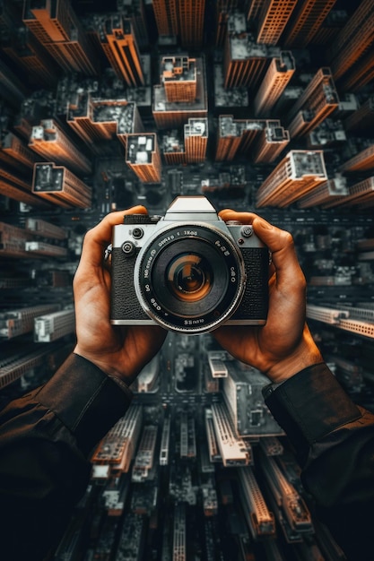 Abstract city background top view old camera