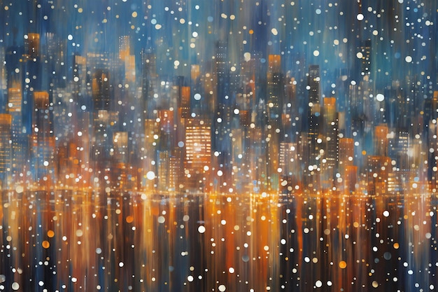 Photo abstract city background with bokeh lights and snowflakes