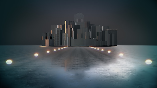 Абстрактный город. темный город со светом, ночной город. 3D рендеринг