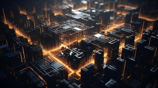 an abstract city made of metal and computer technology