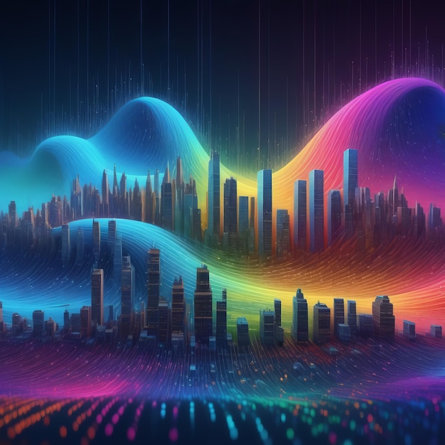 abstract city with neon lines and lights 3D illustration