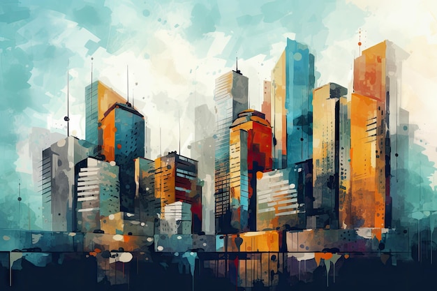 Abstract Cityscape Panorama with Skyscrapers in Artistic Style