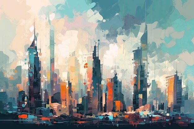 Abstract Cityscape Panorama with Skyscrapers in Artistic Style