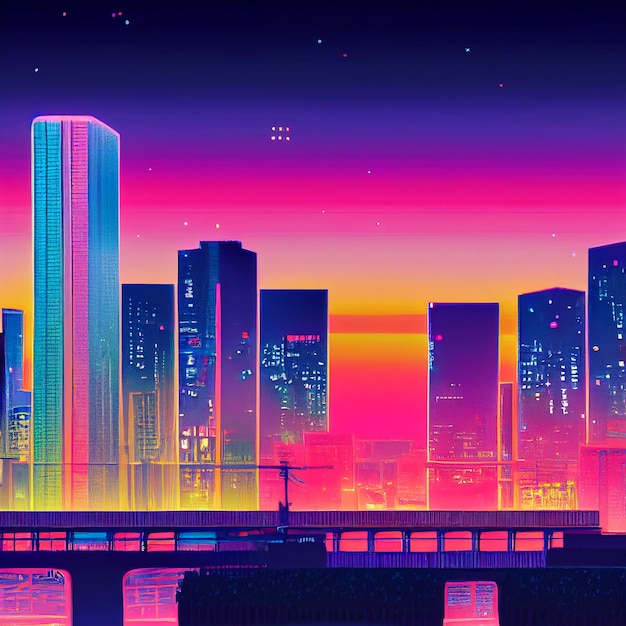 Retrowave 都市ポップ スタイル モダンなサイバー パンク 3 d レンダリングで都市の景観の概要