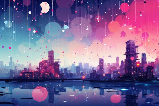 an abstract cityscape with colorful lights and raindrops