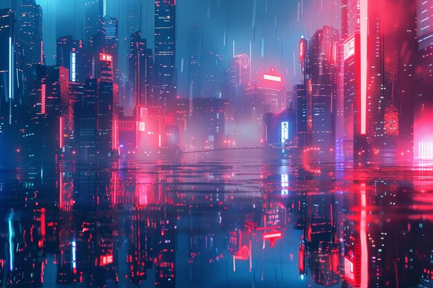 Abstract cityscape with skyscrapers reflecting neo