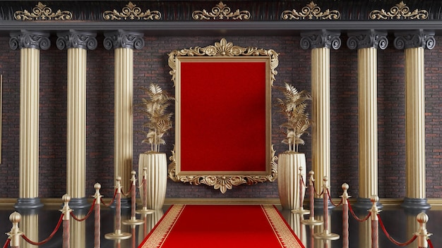 Abstract classical background with golden frame for product display golden blanc frame with red carpet and barriers 3D render