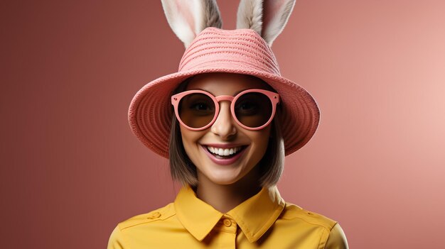 Photo abstract clipart of white rabbit wearing trendy sunglasses contemporary colourful background copy